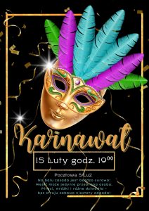 Bal Karnawałowy 2025. Karnawałowa maska z kolorowymi piórami. Szczecin. Bez Alkoholu