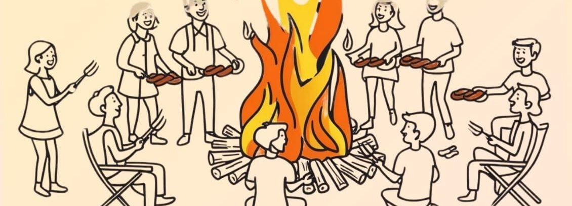 Grupa ludzi stojąca wokół ogniska i trzymająca kiełbaski gotowe do pieczenia