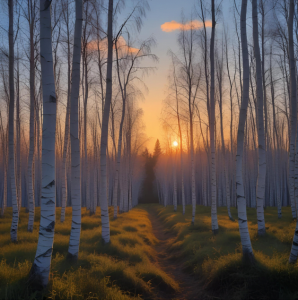 Las brzozowy o wschodzie słońca
