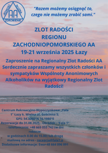 Zlot Radości Łazy 2025 Plakat zachęcający do wzięcia udziału w Zlocie. Informacje na tle morza