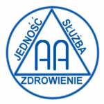 Logo AA W koło wpisany trójkąt i napis Jedność Służba Zdrowienie. Niezbędnik AA