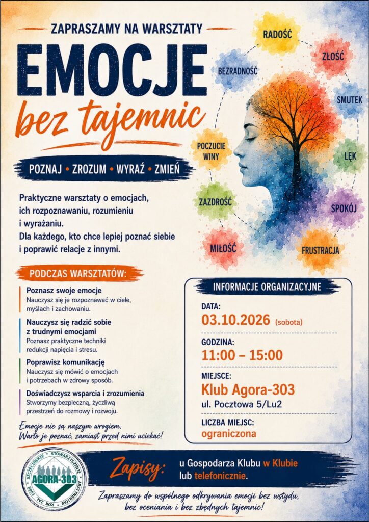 Emocje bez Tajemnic. Ludzka głowa otoczona różnymi emocjami.